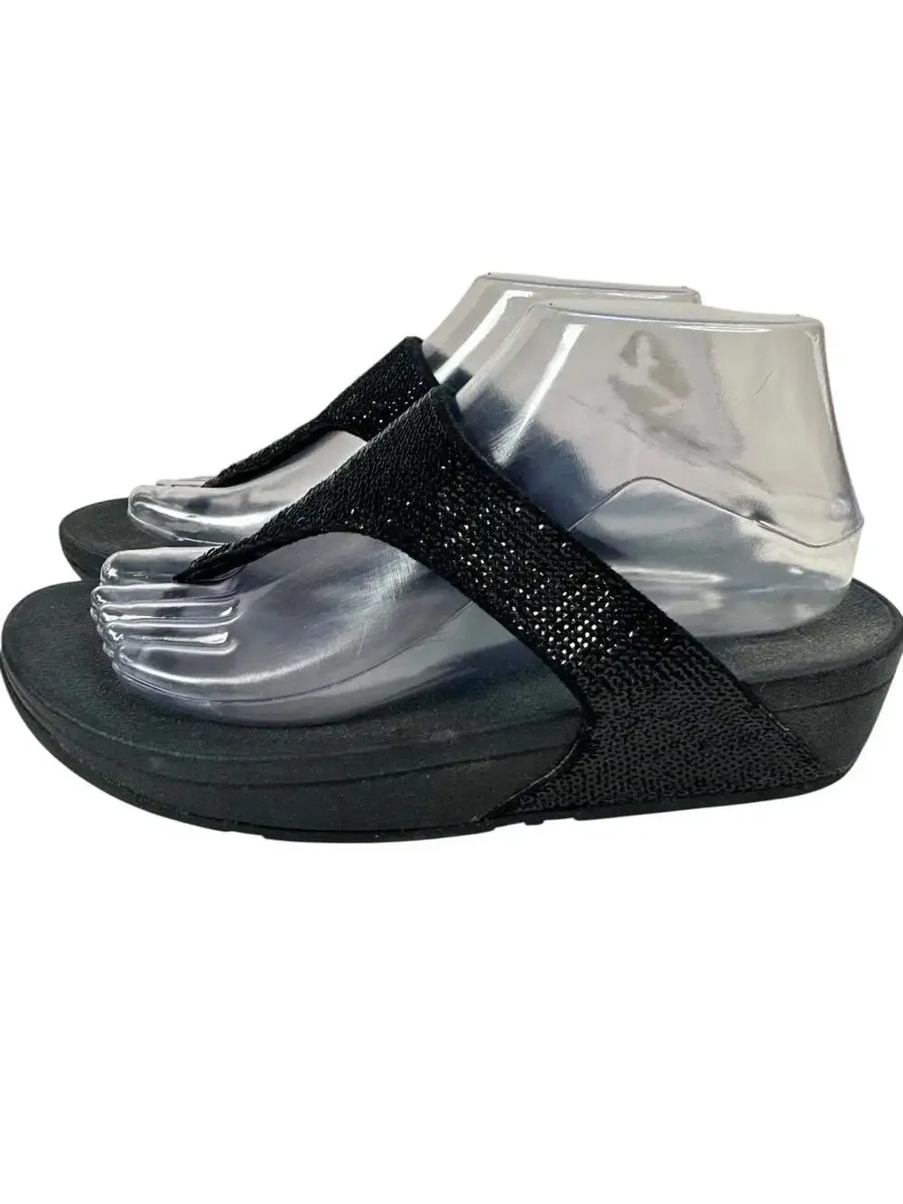 FitFlop Electra Micro Crystal Black Toe Post Wedge Comfort Sandals Womens 8